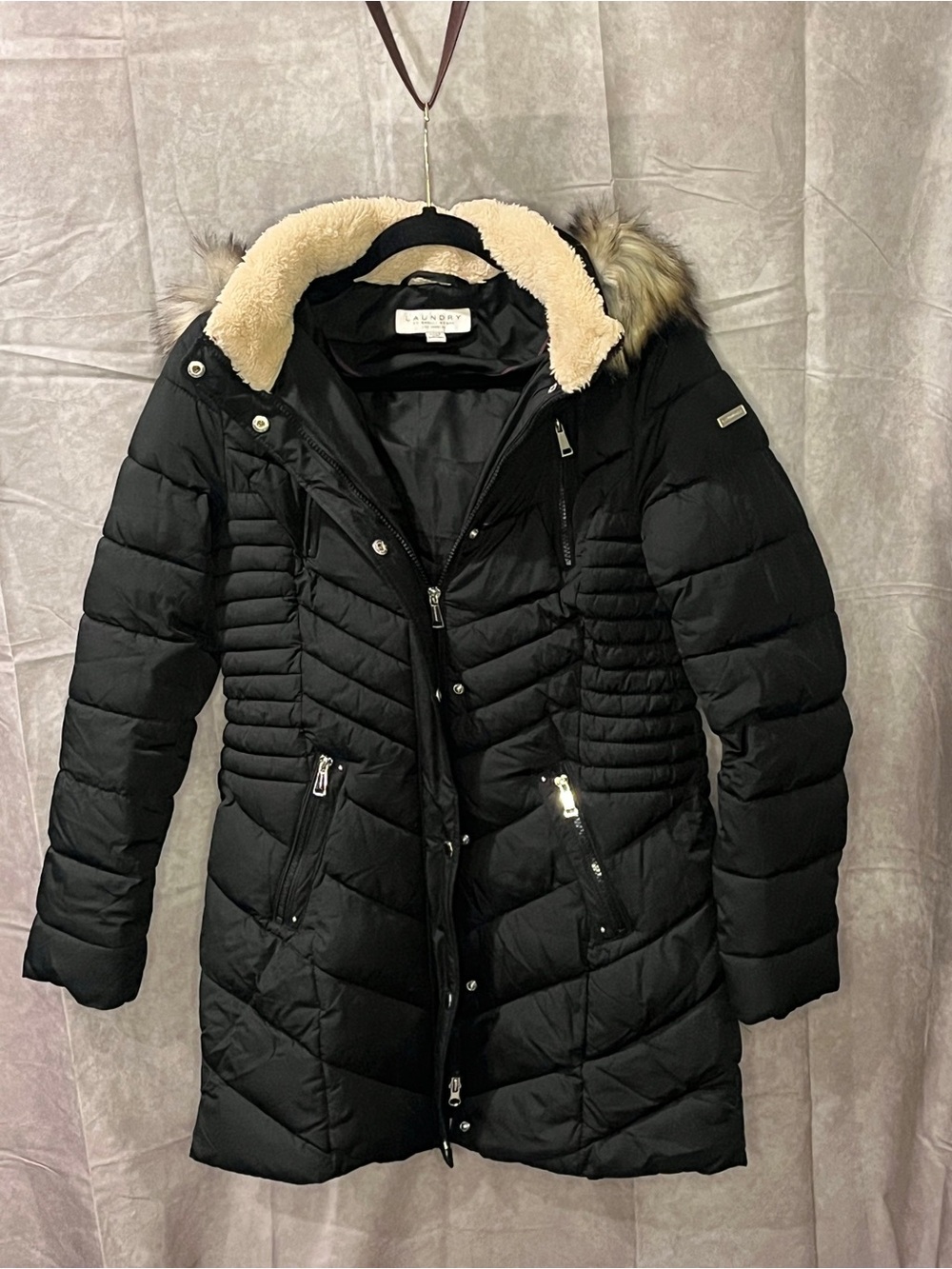 Laundry by Shelli Segal Black Long Puffer Coat Faux Fur Hood S